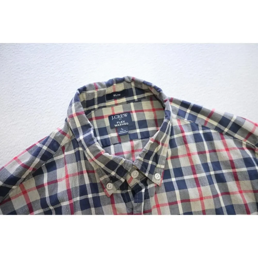 J Crew Flex Wash Dress Shirt Slim Fit Plaid Button Up Long‎ Sleeve Mens Sz Large